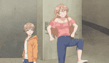 a boy and a girl are kneeling down in front of an elevator