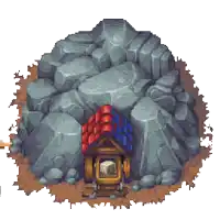 a pixel art illustration of a cave with a red roof and a wooden door .