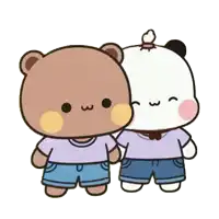 two teddy bears are standing next to each other wearing purple shirts