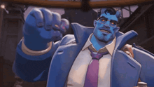 a man with blue hair and glasses is wearing a blue jacket and tie