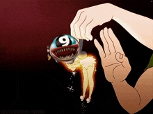 a cartoon drawing of a hand holding a ball with the number 9 on it