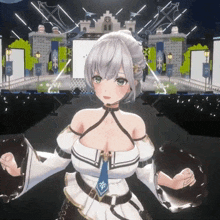 a girl in a white dress with a blue tie stands in front of a castle
