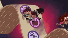 a cartoon of three girls riding a roller coaster with a pot on it