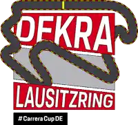 a logo for dekra lausitzring has a race track in the background