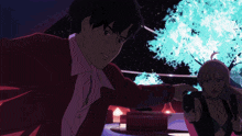 a man in a red jacket is pointing at a woman in a blue dress