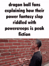 a man standing in front of a brick wall with a caption that reads dragon ball fans explaining