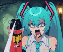 a girl is holding a raid bug spray