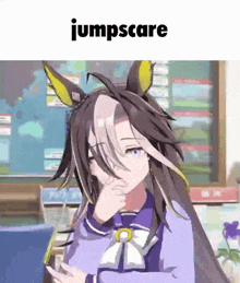a picture of a girl with long hair and the words jumpscare on the top