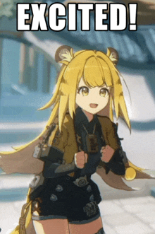 a cartoon girl with the words excited written on the bottom
