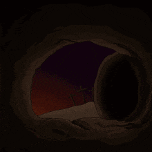 a cartoon drawing of a cave with three crosses in it