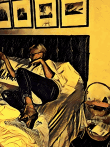 a painting of a woman laying on a bed with the words photo lab on the bottom right