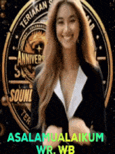 a woman is smiling in front of a logo that says annivers