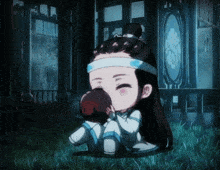 a cartoon character with a blue headband is sitting in the grass eating an apple