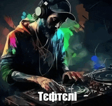 a painting of a man wearing headphones and playing music with the word teftteli written below him