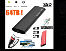 an advertisement for a portable ssd with 64 tb capacity