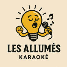 a light bulb holding a microphone with the words les allumes karaoke written below it