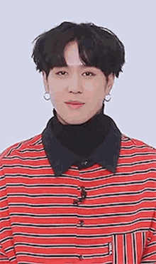 a young man wearing a red striped shirt and a black turtleneck is looking at the camera .