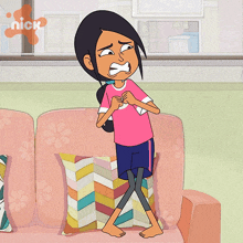 a cartoon of a girl sitting on a pink couch with a nick logo behind her