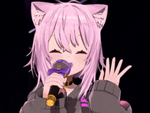a girl with a cat ear holding a microphone