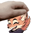 a pixel art of a fox wearing a hat and laughing .