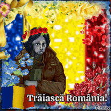 a picture of a woman with flowers on her head and the words traiasca romania on the bottom