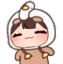 a cartoon girl is wearing a duck costume and a duck on her head .