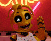 a yellow cartoon character is waving in front of a sign that says ' ice cream '