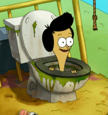 a cartoon character is sticking his head out of a toilet bowl