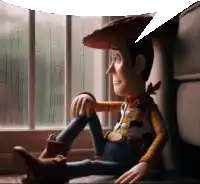 woody from toy story is sitting on a couch looking out of a window