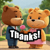 a teddy bear giving a flower to another teddy bear with the words thanks