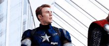 a man in a captain america costume says " right "