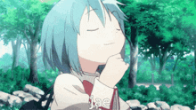 a girl with blue hair and the word jae written on the bottom