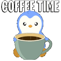 a penguin holding a cup of coffee with the words coffee time written above it