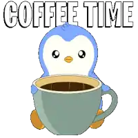 a penguin holding a cup of coffee with the words coffee time written above it