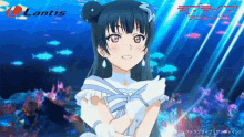 a girl in a white dress is standing in front of a coral reef with fish in the background .