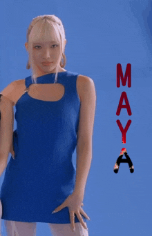 a woman in a blue tank top with the name maya on the bottom