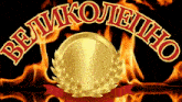 a gold coin with a laurel wreath surrounding it is surrounded by flames and the word velikojeiho is above it