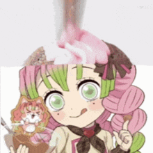 a cartoon girl with pink hair and green eyes is holding a bowl of ice cream .
