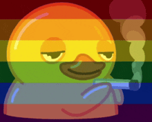 a cartoon duck smoking a cigarette with a rainbow background