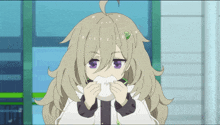 a girl with blonde hair and purple eyes is holding a piece of paper in her mouth