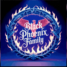 a logo for the black phoenix family has flames around it