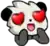 a panda bear with red eyes and a pink tongue is covering its face .