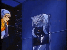 a cartoon character is standing next to a machine that says power control