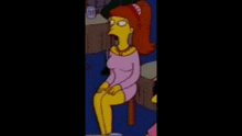 a cartoon character is sitting on a chair with her legs crossed and a surprised look on her face .