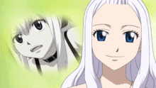 a girl with white hair and blue eyes is smiling in front of a group of people