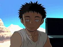 a cartoon character with a white tank top looks tired