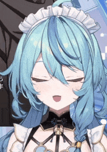 a close up of a blue haired anime girl wearing a maid outfit .