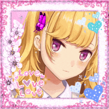 a picture of a girl with a butterfly on her hair and the words love love love