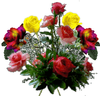a bunch of flowers including red yellow and pink roses
