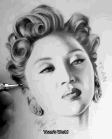 a black and white drawing of a woman 's face with tear 's world written below it
